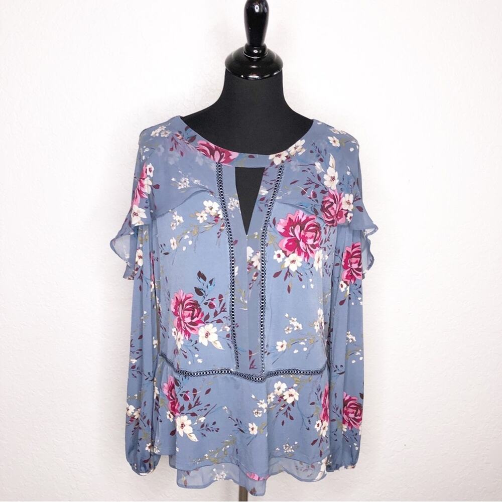WHBM blue pink floral‎ ruffle trim sheer overlay top size Large